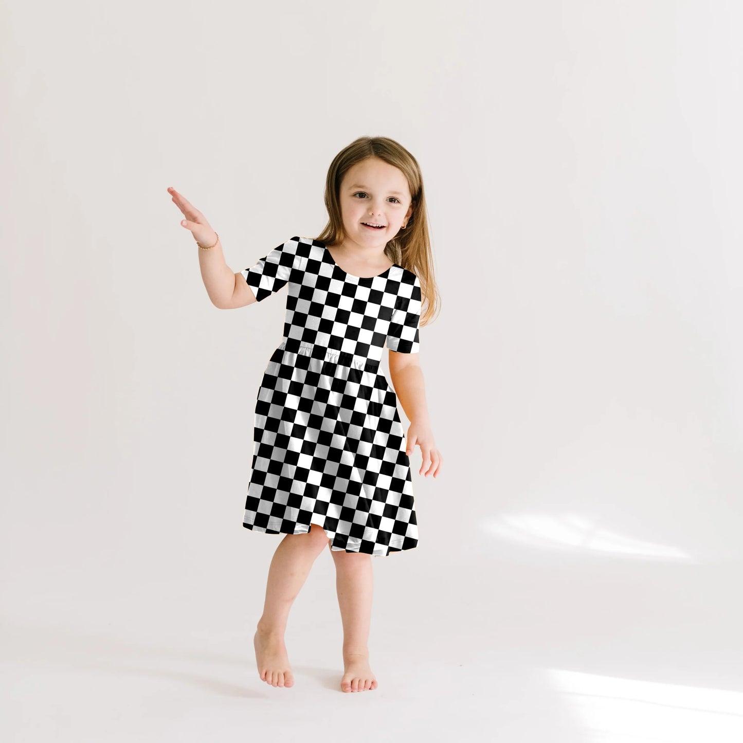 (Custom Design Preorder MOQ 5) Black Plaid Print Girls Summer Knee Length Dress