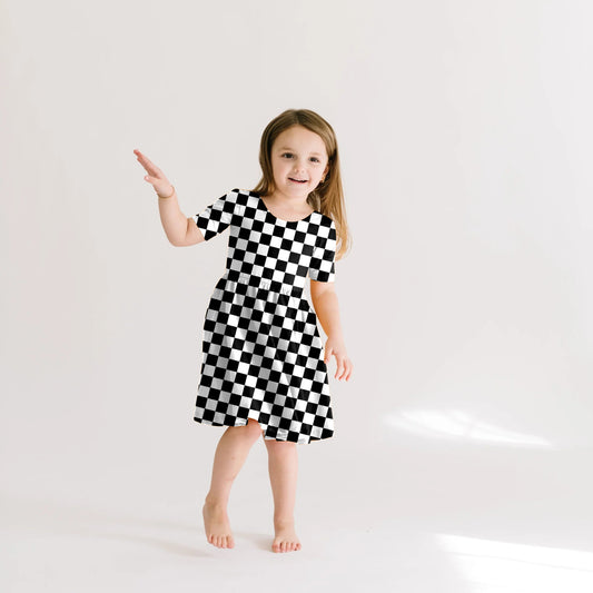 (Custom Design Preorder MOQ 5) Black Plaid Print Girls Summer Knee Length Dress