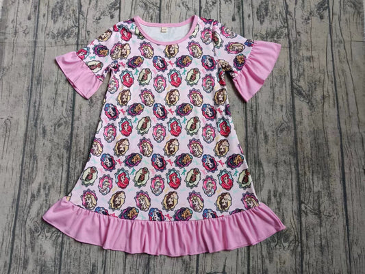 (Custom Design Preorder MOQ 5) Cartoon Princess Print Girls Summer Knee Length Dress