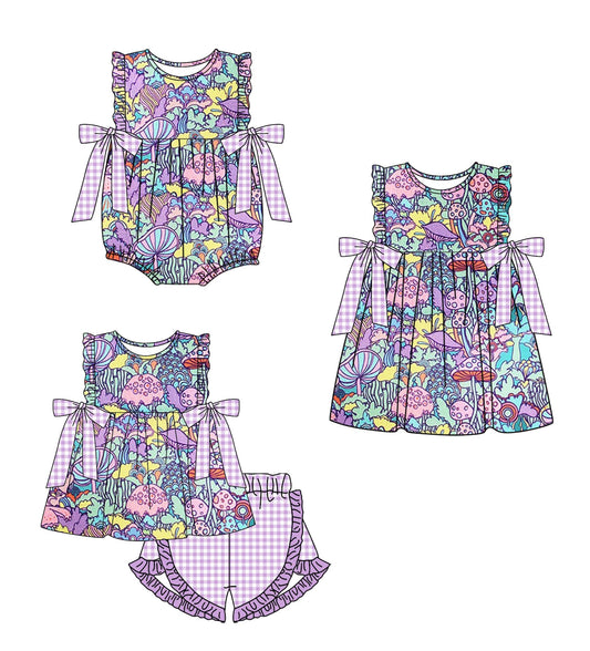 1.10(Custom Design Preorder MOQ 5 Each Design) Mushroom Print Girls Summer Matching Clothes Sisters Wear