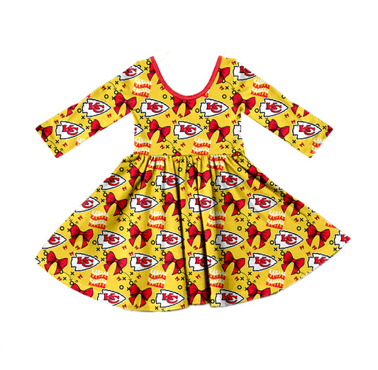 (Custom Design Preorder MOQ 5) Team's KC Chiefs Bows Print Girls Long Sleeve Knee Length Dress