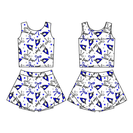 (Custom Design Preorder MOQ 5) Team's Blue Jays Bows Print Girls Summer Skirts Shorts Clothes Set