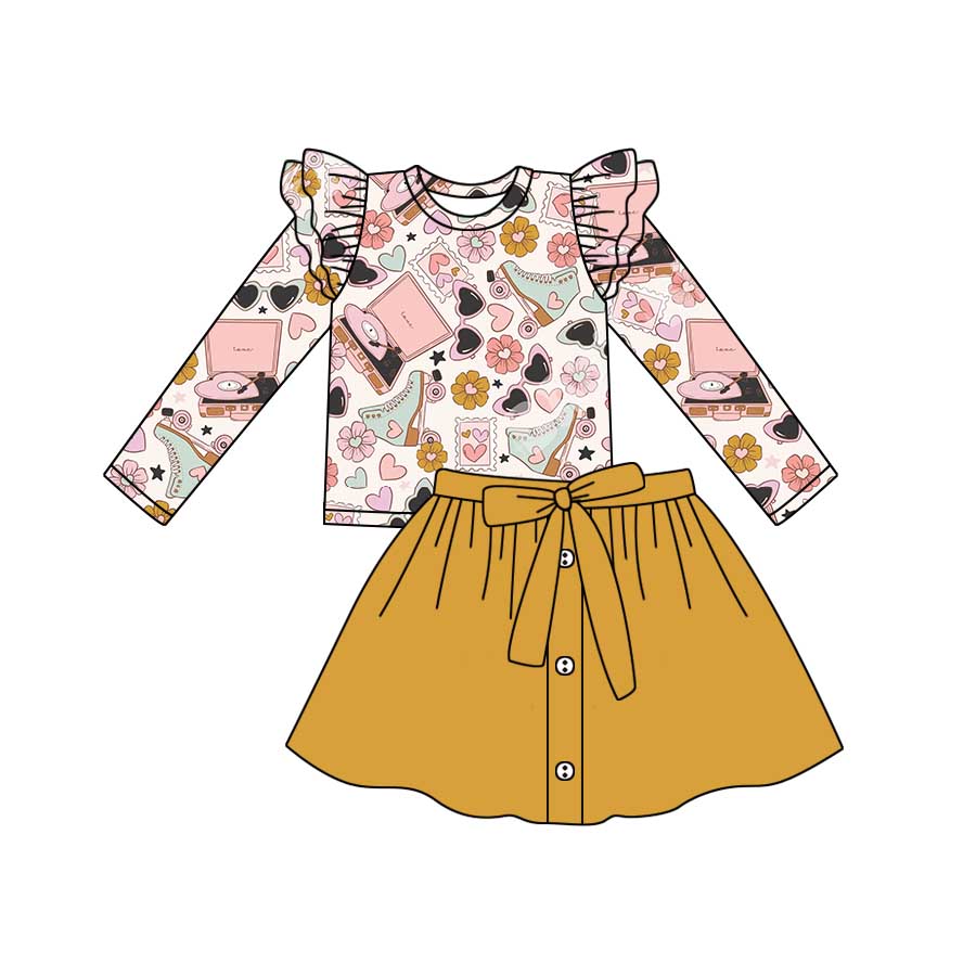(Custom Design Preorder MOQ 5) Roller Skates Flowers Heart Top Mustard Skirts Girls Valentine's Day Clothes Set
