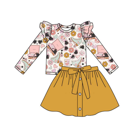 (Custom Design Preorder MOQ 5) Roller Skates Flowers Heart Top Mustard Skirts Girls Valentine's Day Clothes Set