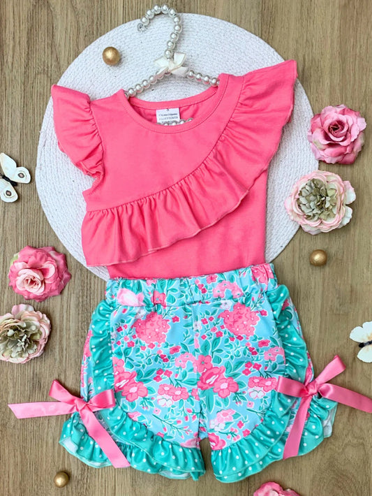 (Custom Design Preorder MOQ 5) Hot Pink Top Flowers Shorts Girls Summer Clothes Set