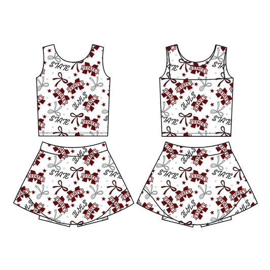 (Custom Design Preorder MOQ 5) Team's M STATE Bows Print Girls Summer Skirts Shorts Clothes Set