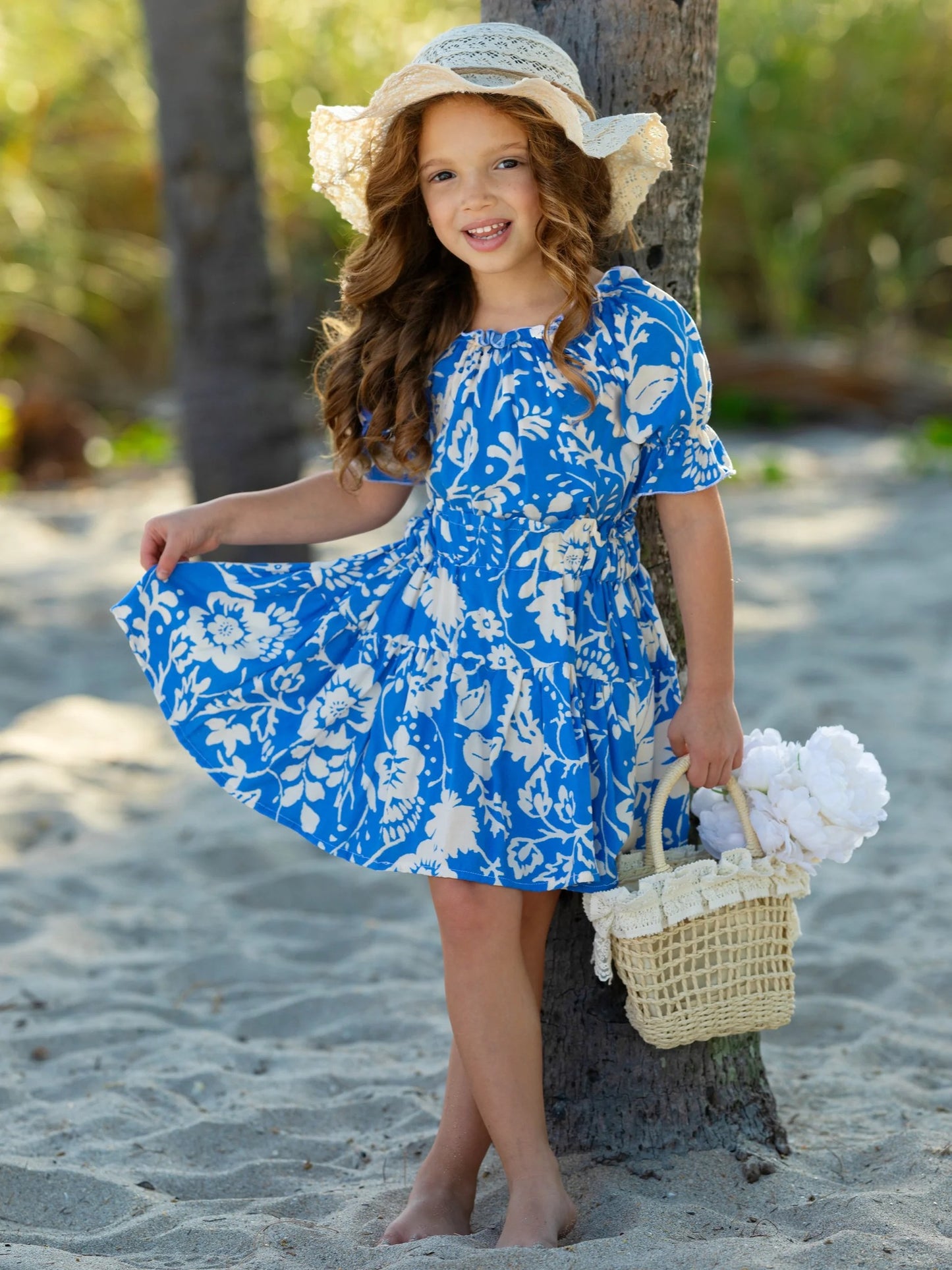 (Custom Design Preorder MOQ 5) Blue Flowers Print Girls Summer Knee Length Twirl Dress