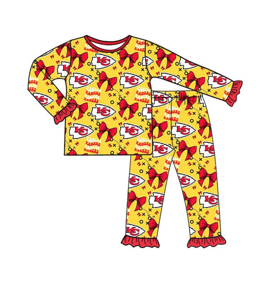 (Custom Design Preorder MOQ 5) Team's KC Bows Print Girls Pajamas Clothes Set