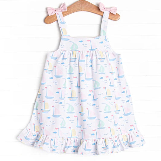 (Custom Design Preorder MOQ 5) Sailboat Print Girls Knee Length Dress