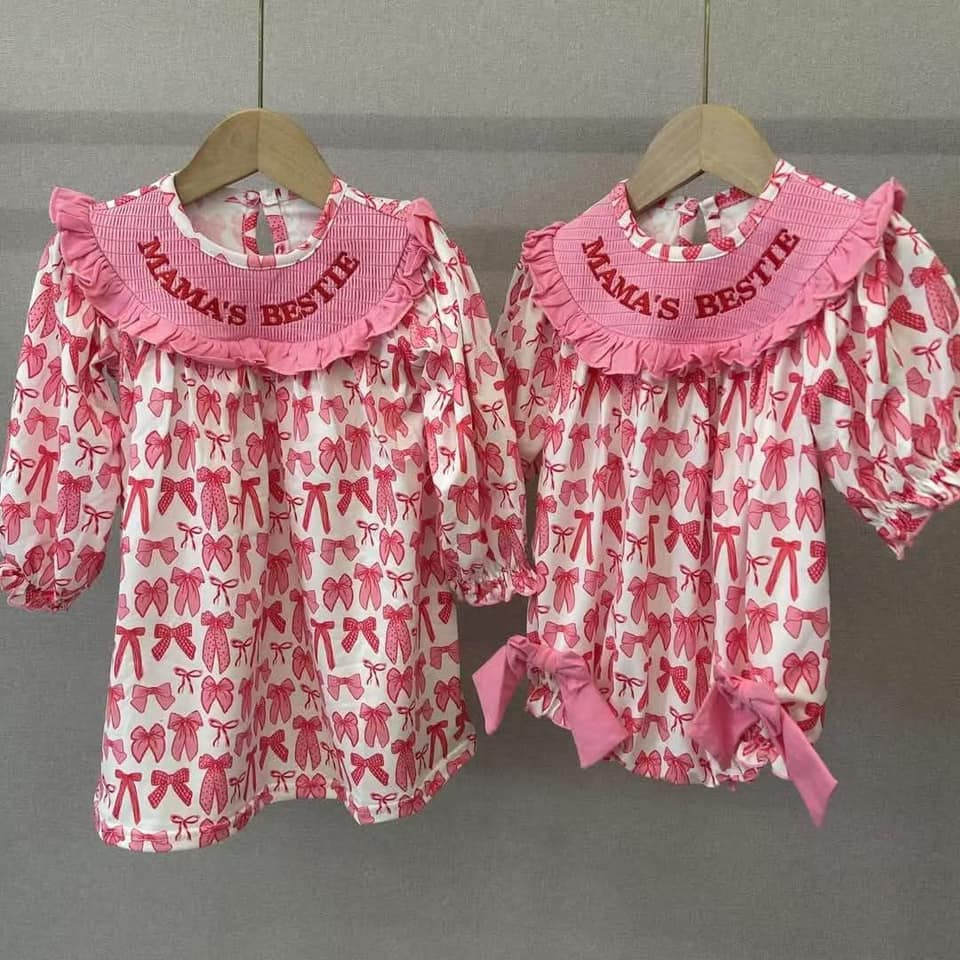 MAMA'S BESTIE Embroidery Pink Bows Print Sisters Summer Matching Smocked Clothes