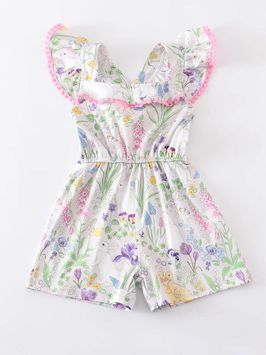 (Custom Design Preorder MOQ 5) Bunny Flowers Print Girls Easter Short Leggy Jumpsuits