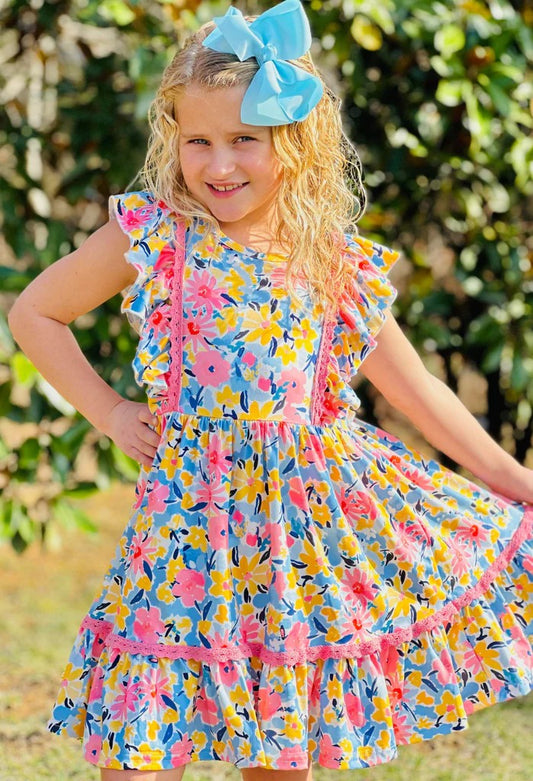 (Custom Design Preorder MOQ 5) Colorful Flowers Print Girls Summer Knee Length Twirl Dress