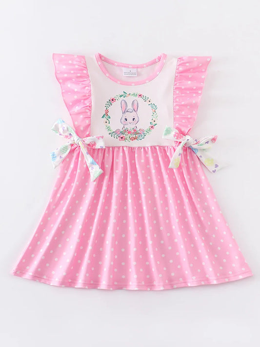 (Custom Design Preorder MOQ 5) Bunny Flowers Pink Dots Print Girls Easter Knee Length Dress