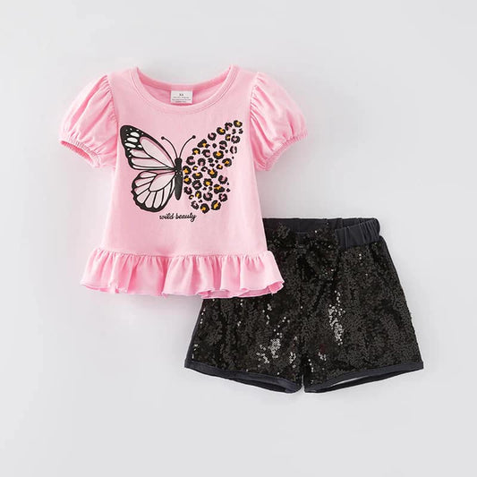 (Custom Design Preorder MOQ 5) Butterfly Pink Top Black Sequin Shorts Girls Summer Clothes Set