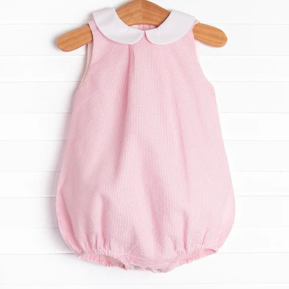 (Custom Design Preorder MOQ 5)  Pink Stripes Print Baby Girls Summer Romper