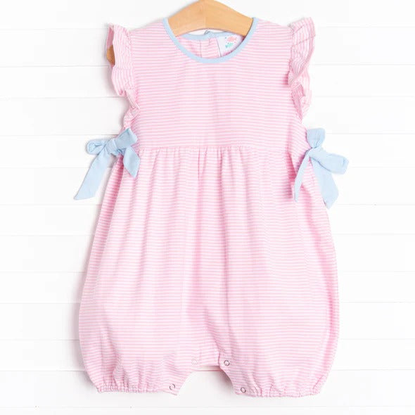 (Custom Design Preorder MOQ 5)  Pink Stripes Print Bows Baby Girls Summer Romper