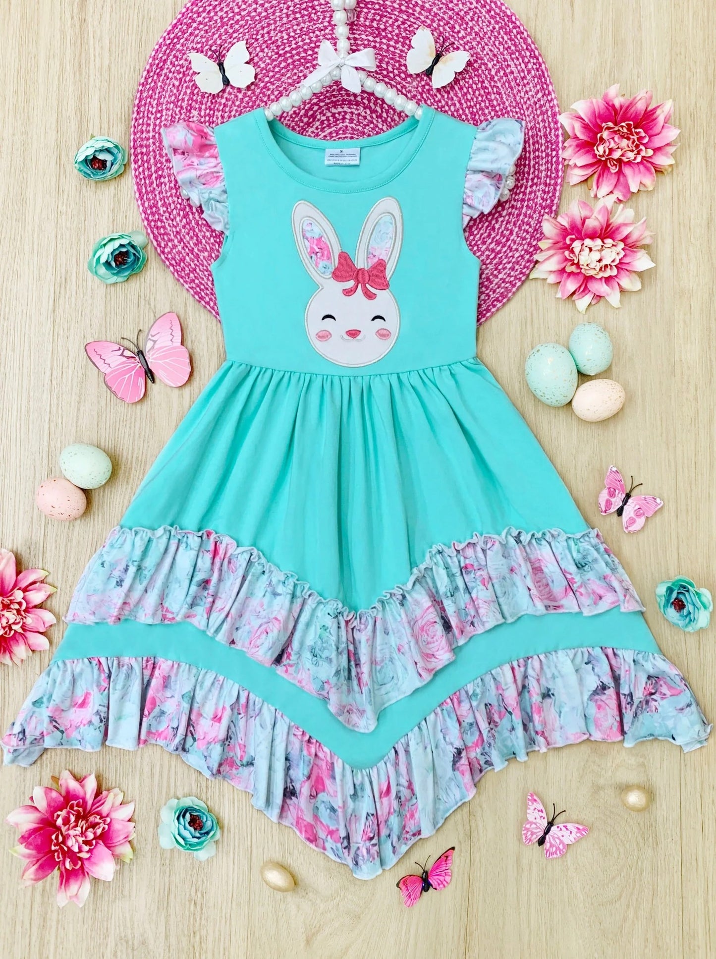 (Custom Design Preorder MOQ 5) Bunny Flowers Blue Print Girls Easter Ankle Length Dress