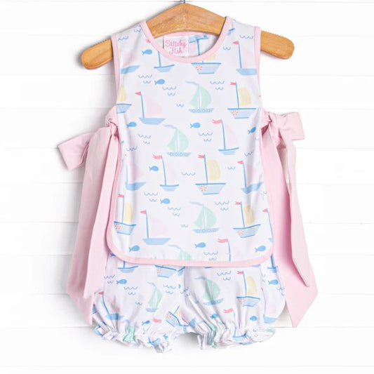 (Custom Design Preorder MOQ 5) Sailboat Print Girls Summer Clothes Set