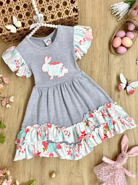 (Custom Design Preorder MOQ 5) Bunny Flowers Grey Print Girls Easter Ankle Length Dress