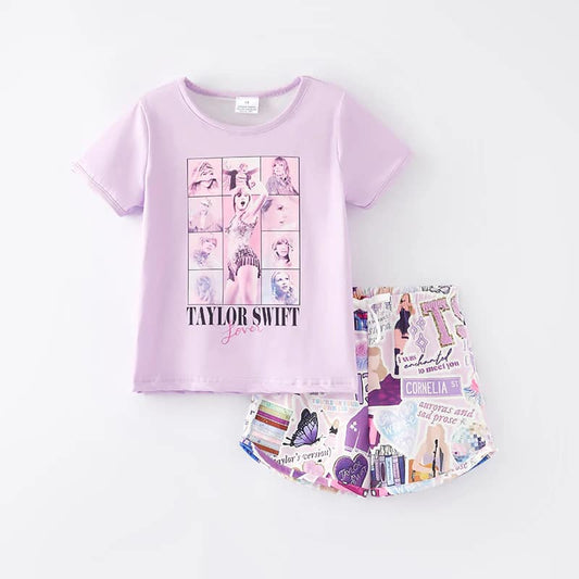 (Custom Design Preorder MOQ 5) Singer Swiftie Print Girls Summer Clothes Set