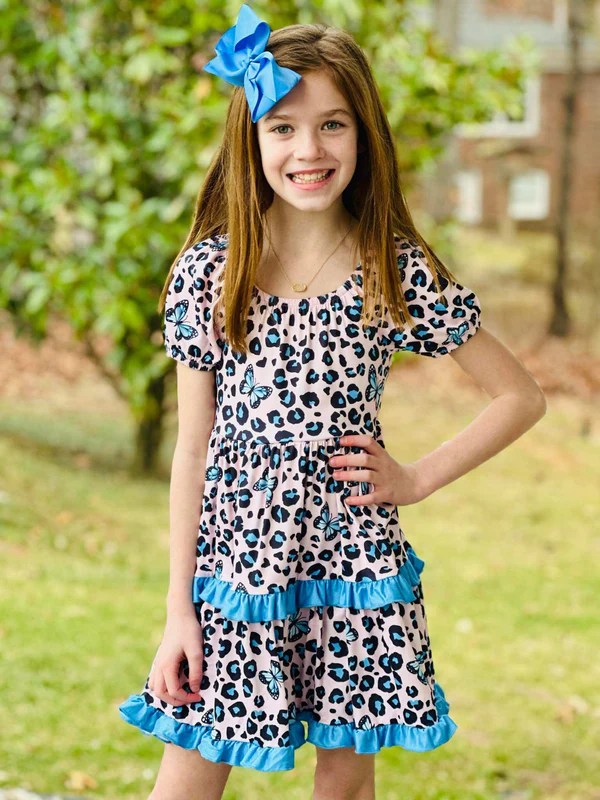 (Custom Design Preorder MOQ 5) Butterfly Leopard Print Girls Summer Knee Length Dress