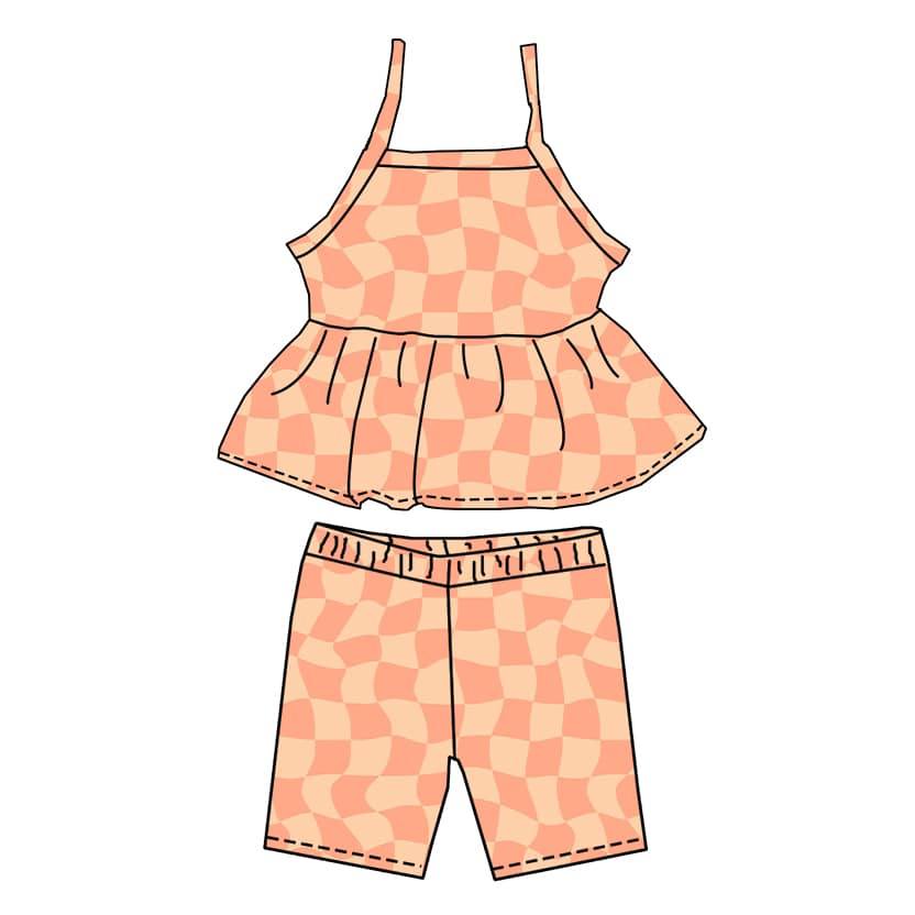 (Custom Design Preorder MOQ 5) Orange Plaid Print Girls Summer Clothes Set