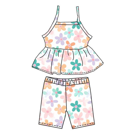 (Custom Design Preorder MOQ 5) Colorful Flowers Print Girls Summer Clothes Set