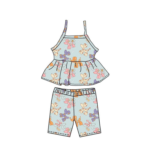 (Custom Design Preorder MOQ 5) Flowers Dog Print Girls Summer Clothes Set