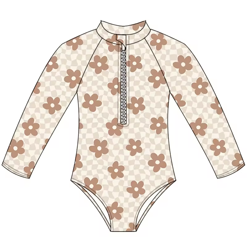 (Custom Design Preorder MOQ 5)  Brown Flowers Print Girls 1 Piece Long Sleeve Zipper Swimsuits