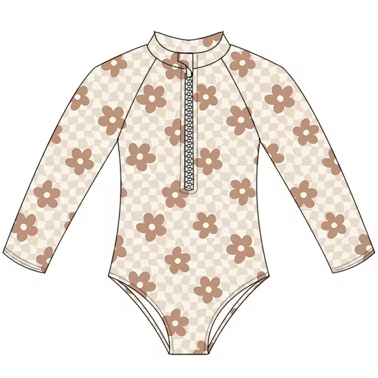 (Custom Design Preorder MOQ 5)  Brown Flowers Print Girls 1 Piece Long Sleeve Zipper Swimsuits