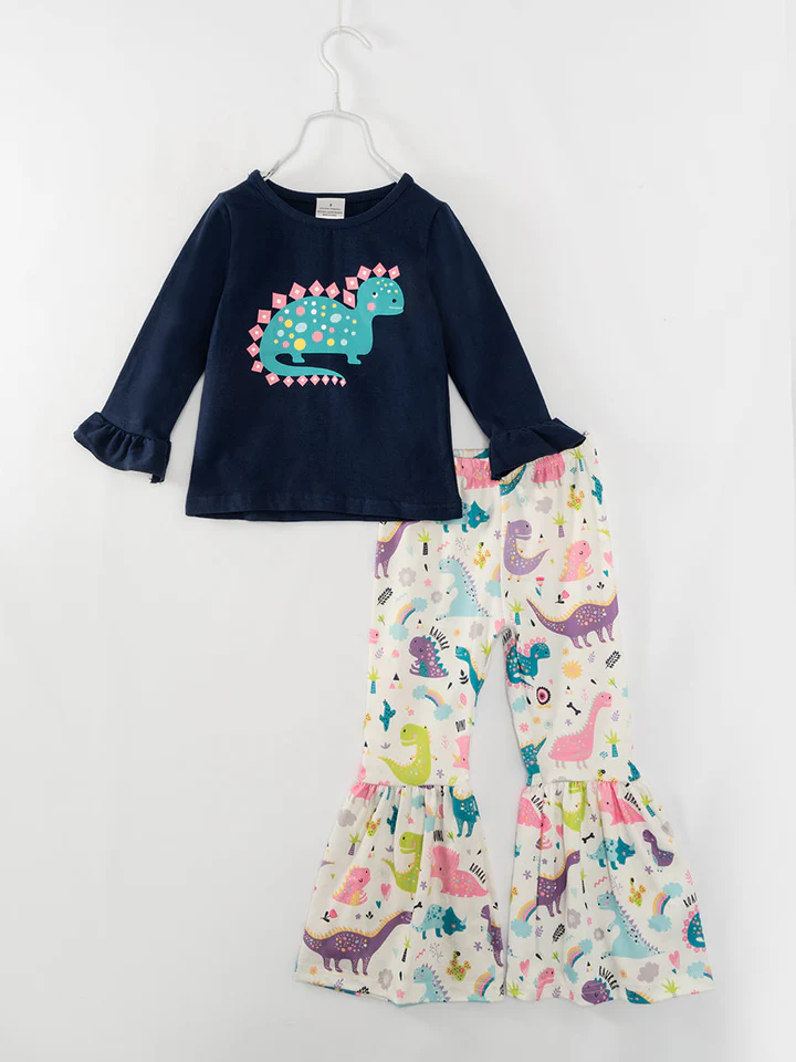 (Custom Design Preorder MOQ 5) Dino Top Bell Pants Girls Fall Clothes Set