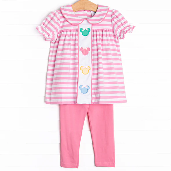 (Custom Design Preorder MOQ 5) Cartoon Mouse Stripes Tunic Top Pink Pants Girls Fall Clothes Set