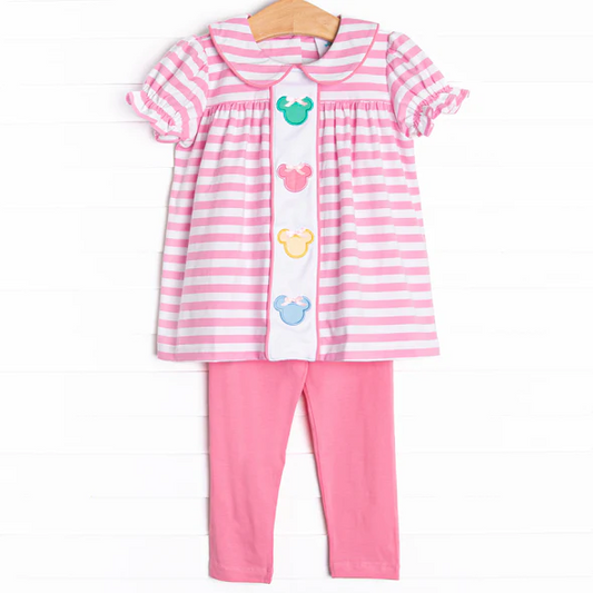 (Custom Design Preorder MOQ 5) Cartoon Mouse Stripes Tunic Top Pink Pants Girls Fall Clothes Set
