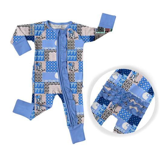 (Custom Design Preorder MOQ 5) Blue Bows Boots Print Baby Sleeper Zipper Romper