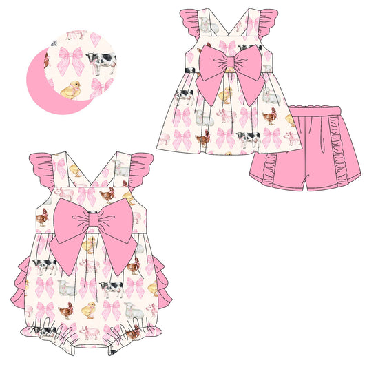 2.10(Custom Design Preorder MOQ 5 Each Design) Farm Animals Pink Bows Print Girls Summer Matching Clothes Sisters Wear