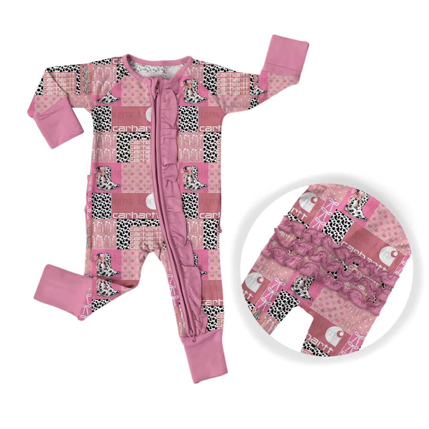 (Custom Design Preorder MOQ 5) Pink Bows Boots Print Baby Sleeper Zipper Romper