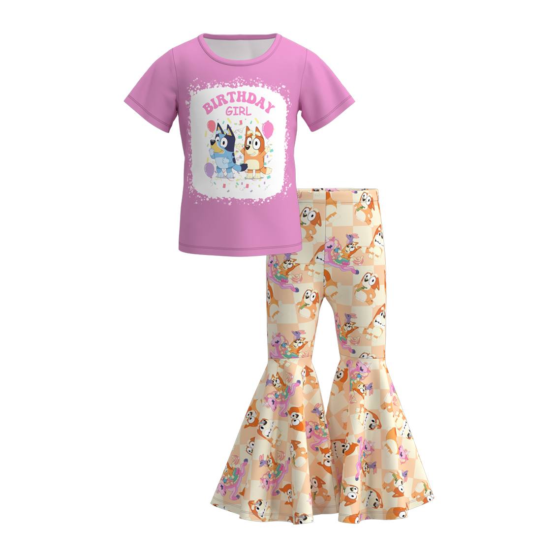 (Custom Design Preorder MOQ 5)  Cartoon Dog Birthday Girl Bell Pants Girls Clothes Set