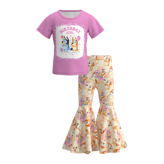 (Custom Design Preorder MOQ 5)  Cartoon Dog Birthday Girl Bell Pants Girls Clothes Set