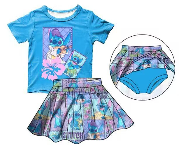 (Custom Design Preorder MOQ 5)  Blue Cartoon Animals Flowers Print Girls Summer Skirts With Shorts Clothes Set