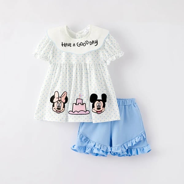 (Custom Design Preorder MOQ 5)  Cartoon Mouse Tunic Top Blue Ruffle Shorts Girls Summer Clothes Set