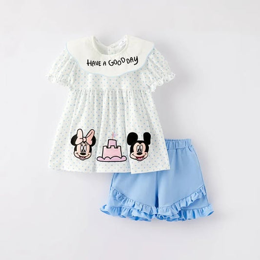 (Custom Design Preorder MOQ 5)  Cartoon Mouse Tunic Top Blue Ruffle Shorts Girls Summer Clothes Set