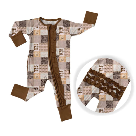 (Custom Design Preorder MOQ 5) Let's go girls Brown Bows Print Baby Girls Sleeper Zipper Romper