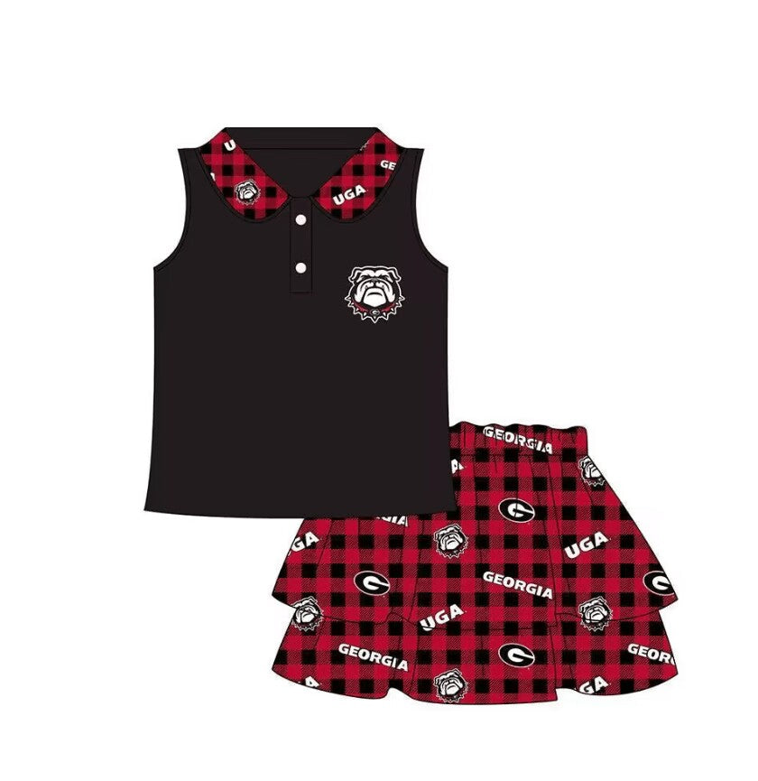 (Custom Design Preorder MOQ 5) Team's Dog GO DAWGS Black Top Plaid Skirts Girls Summer Clothes Set