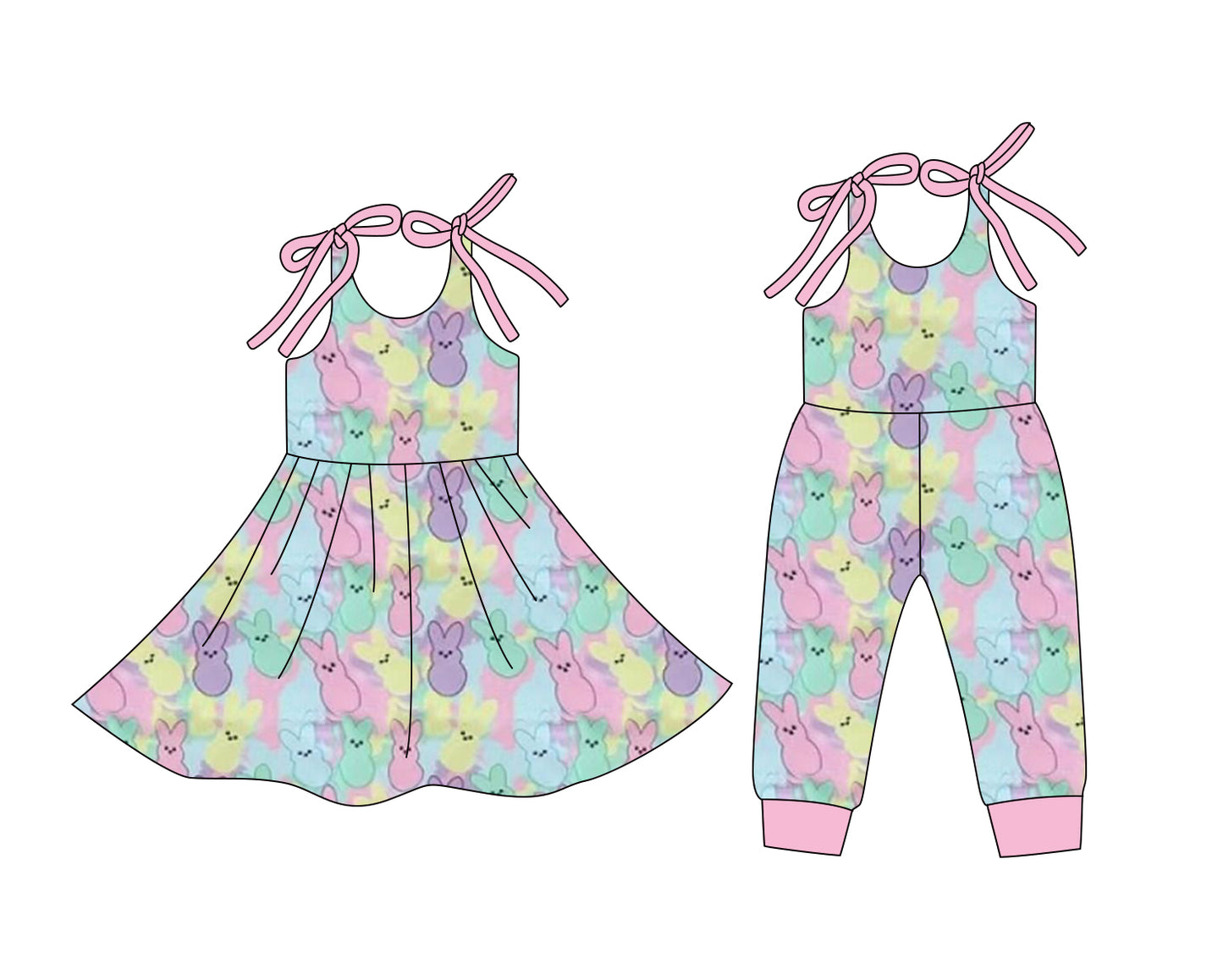 12.24 (Custom Design Preorder MOQ 5 Each Design) Colorful Bunny Print Girls Easter Matching Clothes Sisters Wear