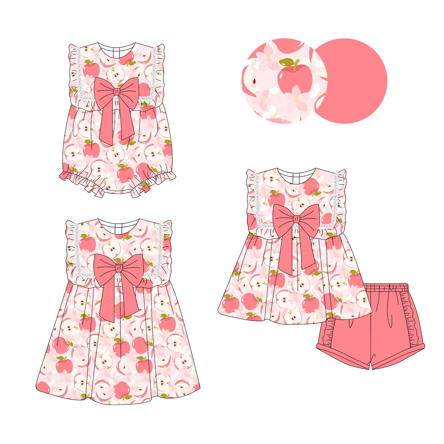 3.29(Custom Design Preorder MOQ 5 Each Design) Apple Flowers Print Girls Summer Matching Clothes Sisters Wear