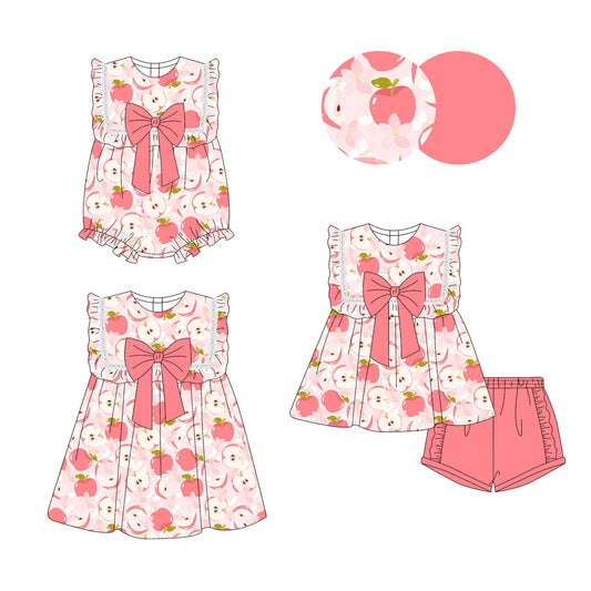 3.29(Custom Design Preorder MOQ 5 Each Design) Apple Flowers Print Girls Summer Matching Clothes Sisters Wear