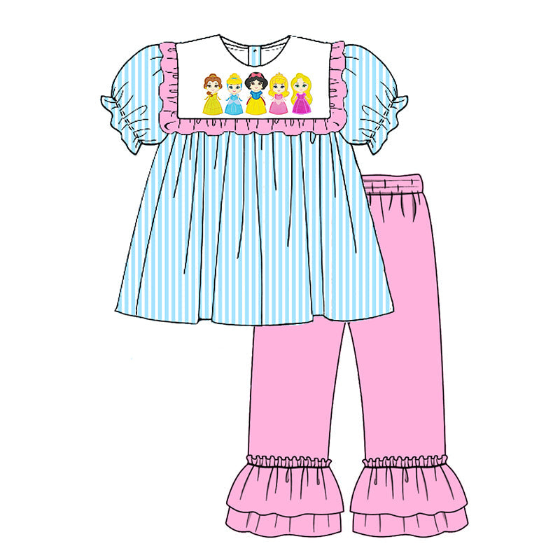 (Custom Design Preorder MOQ 5)  Cartoon Princess Tunic Top Pink Pants Girls Clothes Set
