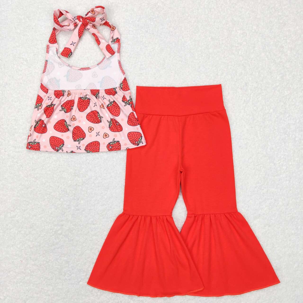 GSPO1077 Halter Strawberry Print Top Red Bell Pants Girls Clothes Set