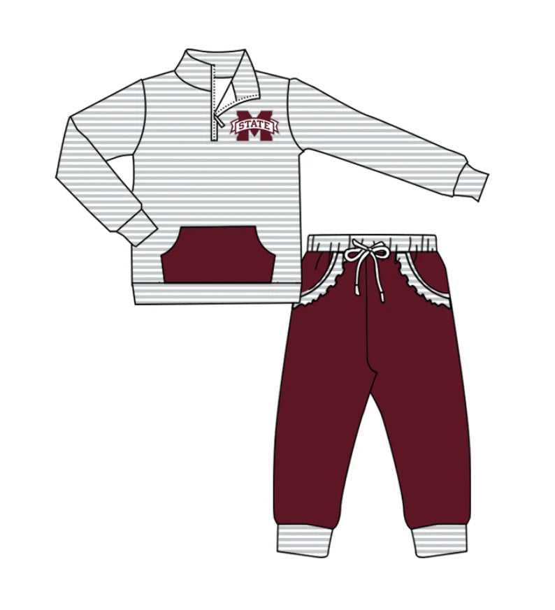 (Custom Design Preorder MOQ 5)  Team's Mississippi State Stripes Zipper Top Pockets Pants Girls Clothes Set