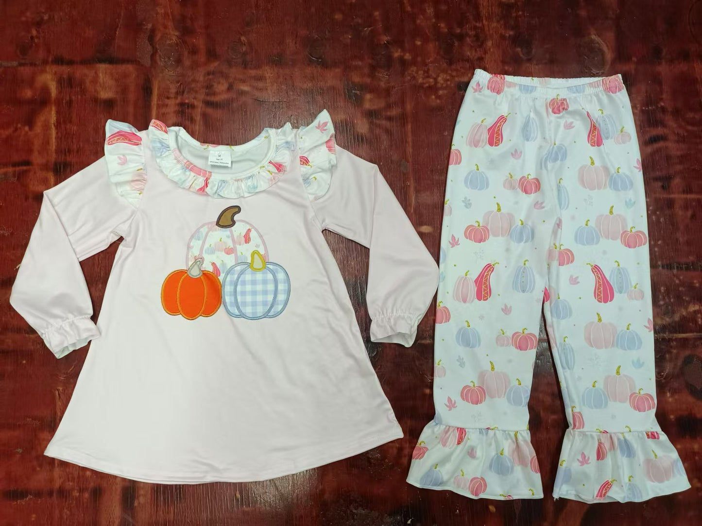 (Custom Design Preorder MOQ 5) Pink Pumpkin Tunic Top Ruffle Pants Girls Fall Clothes Set